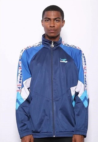 VINTAGE DIADORA BIG TAPE LOGO TRACK TOP JACKET BLUE