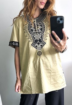 Boho Chic Satin Embroidered Tunic In Khaki