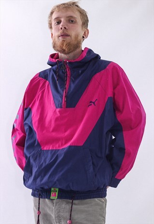 VINTAGE MENS PUMA ANORAK HALF ZIP PULLOVER BIG LOGO JACKET