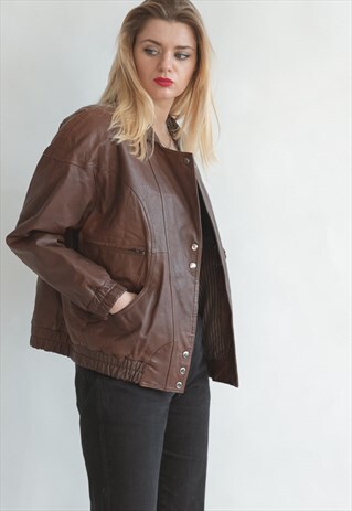 VINTAGE 80S BOXY BROWN LEATHER JACKET
