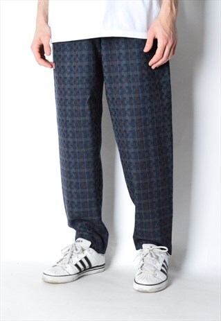 VINTAGE 80S UNISEX NAVY BLUE CHECK WOOL BLEND PANTS