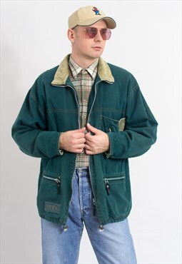 Vintage 90s denim parka jacket in green with corduroy collar
