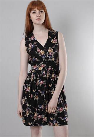 VINTAGE 80S FLORAL PATTERNED BUTTON TIE BACK MINI DRESS