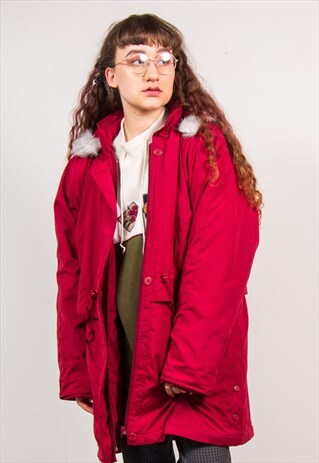 VINTAGE 90'S RED OVERSIZED FAUX FUR PARKA COAT
