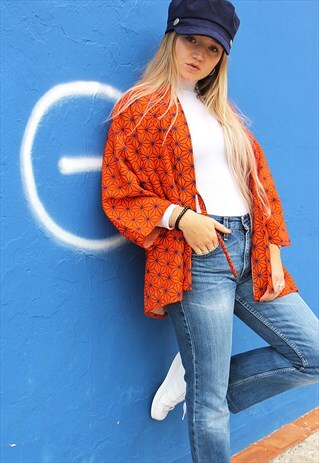 ORANGE & NAVY GEOMETRIC PRINT KIMONO STATEMENT JACKET