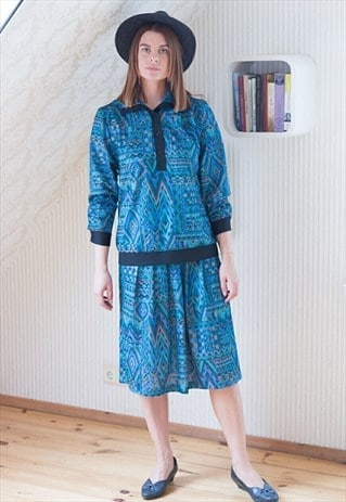 Blue and green geometrical print two piecies suit set