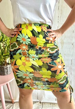 Vintage Sheer Flower Power Floral Ruched Y2K Mini Skirt