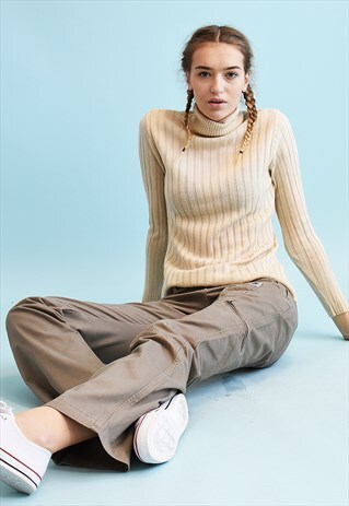 90'S RETRO RIBBED NEUTRAL KNIT TUTLENECK TEEN JUMPER