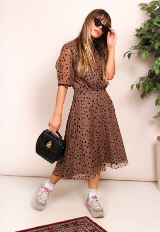 VINTAGE 80S BROWN GLITTER POLKA DOT MIDI DRESS