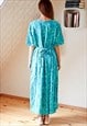 LIGHT BLUE AND GREEN BELTED MIDI DRESS