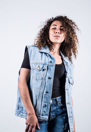 VINTAGE 1980S BLUE DENIM WAISTCOAT JACKET