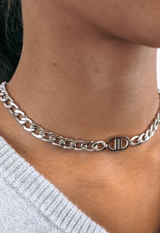 THICK STERLING SILVER CHOKER CHAIN DOUBLE D CHARM 