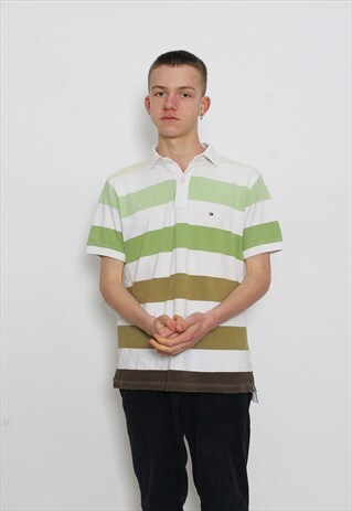 VINTAGE TOMMY HILFIGER WHITE AND GREEN SRIPED POLO SHIRT
