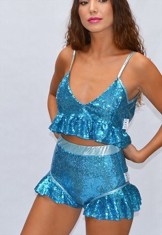 BLUE SEQUIN FRILL CROP TOP