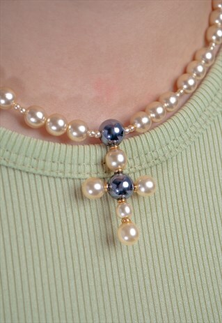 VINTAGE FAUX PEARL CROSS NECKLACE