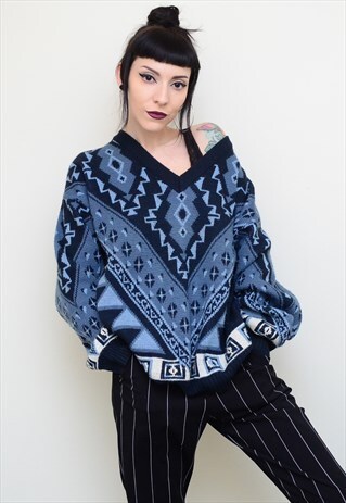 VINTAGE 90'S RETRO PATTERNED SLOUCHY JUMPER