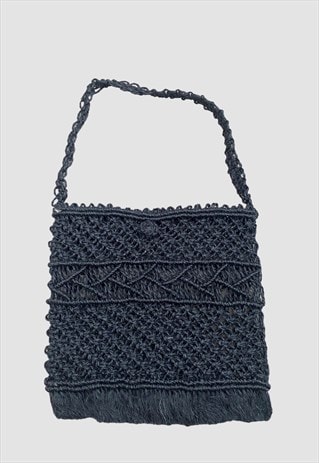 70'S VINTAGE BLACK STRAW RAFFIA SHOULDER BAG