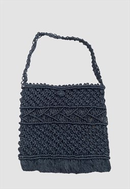 70's Vintage Black Straw Raffia Shoulder Bag