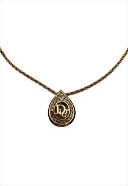 Christian Dior Necklace Gold Logo Authentic Teardrop Crystal