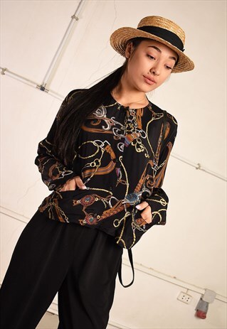 90'S RETRO ABSTRACT PRINT PARIS CHIC FESTIVAL BLOUSE TOP