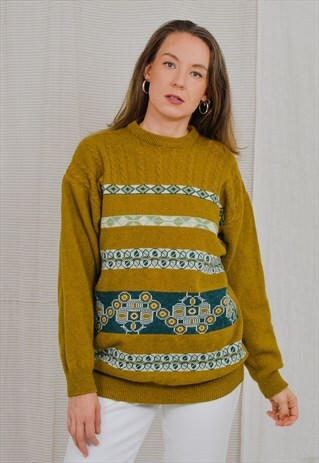 MUSTARD SWEATER SHETLAND NORDIC PULLOVER NORWEGIAN PURE WOOL