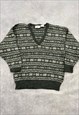 VINTAGE KNITTED JUMPER ABSTRACT PATTERNED V-NECK SWEATER