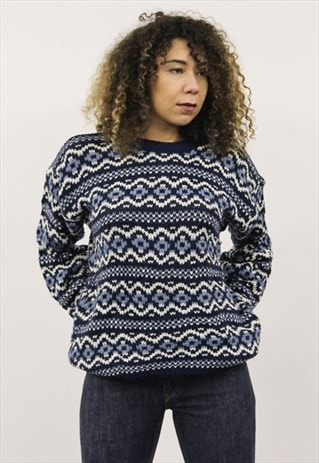 VINTAGE 1980S BLUE AND WHITE PATTERNED JUMPER