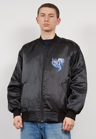 VINTAGE 80'S BLACK SATIN NATIVE AMERICAN PRINT BOMBER JACKET