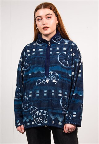 VINTAGE 90'S QUARTER ZIP FLEECE NAVY BLUE ABSTRACT RIBBED