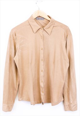 Vintage Suede Shirt Cream Button Up Lightweight Collared 