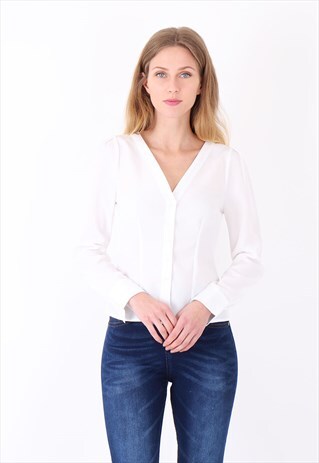WHITE V NECK LONG SLEEVES FRONT BUTTONED OFFICE WEAR SHIRT