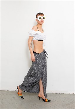Vintage 90s Maxi Wrap Skirt Floral Grey Romantic Streetwear 