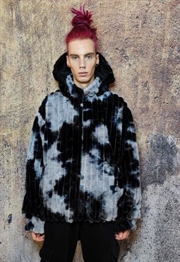 Tie-dye fleece hooded jacket reversible fluffy animal coat 