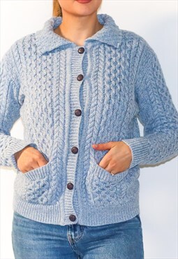 Baby Blue Pure Wool Button Up Pocket Irish Aran Cardigan