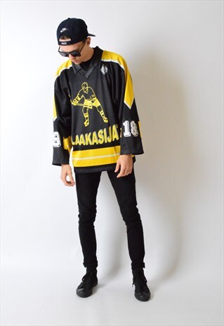 VINTAGE 90S BLACK AND YELLOW HOCKEY JERSEY SHIRT