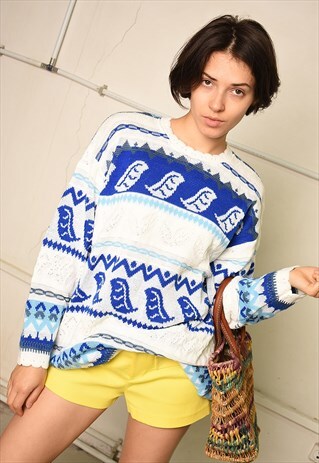90'S FOLK PATTERN FESTIVAL GARM KNIT PARIS CHIC JUMPER