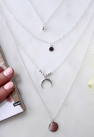 SILVER CHARM CRESCENT MOON DISC MULTI LAYER NECKLACE