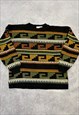 VINTAGE KNITTED JUMPER ABSTRACT PATTERNED GRANDAD SWEATER