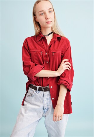 90'S RETRO GRUNGE CORDUROY OVERSIZED MAROON SHIRT TOP