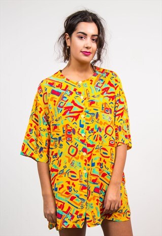 VINTAGE 90'S BRIGHT MULTICOLOUR WAVEY PATTERN SHIRT DRESS