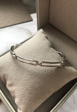 Sterling silver rhodium plated paperclip link cz bangle
