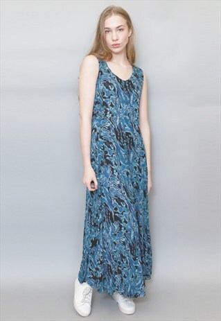 VINTAGE 1990'S MIXED BLUE ABSTRACT PATTERN MAXI DRESS