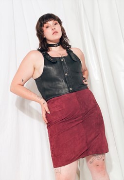 Vintage Leather Skirt 80s Genuine Suede Maroon Mini