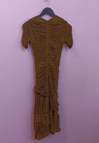 BURBERRY PRORSUM GOLD ZIPPED RUCHED DRESS IN KHAKI