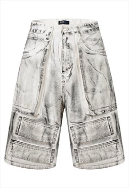 Utility denim shorts oil wash cropped jean pants in white