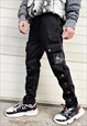 CLIP ON DENIM JOGGERS SLIM FIT SKELETON PATCH PANTS IN BLACK