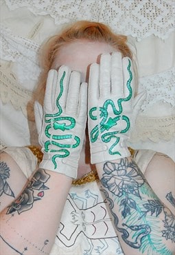 Cream Leather Gloves With Green Worm Kid Core Grunge Punk 