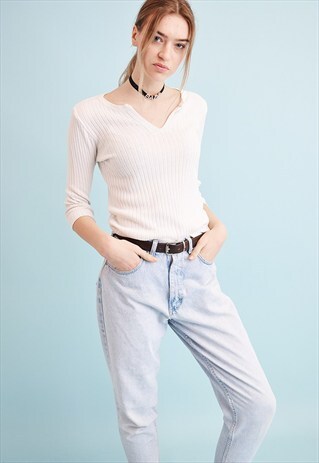 90'S RETRO NEUTRAL MINIMALIST RIBBED KNIT JUMPER TOP