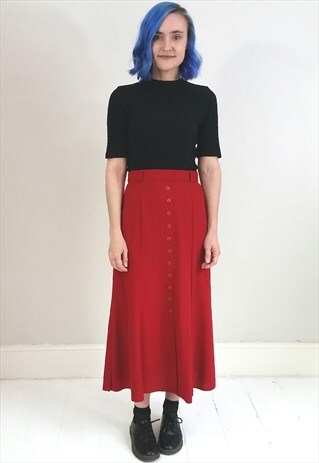 VINTAGE 90'S RED MIDI BUTTON SKIRT WITH SIDE AND BACK SPLITS
