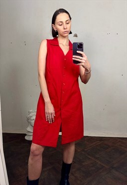 Red Cotton Button Down  Midi Sleeveless Dress
